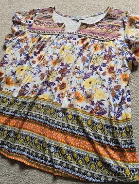 Absolutely Famous Boho Floral Embroidered Peasant Top in Multi-Color Womens 3X